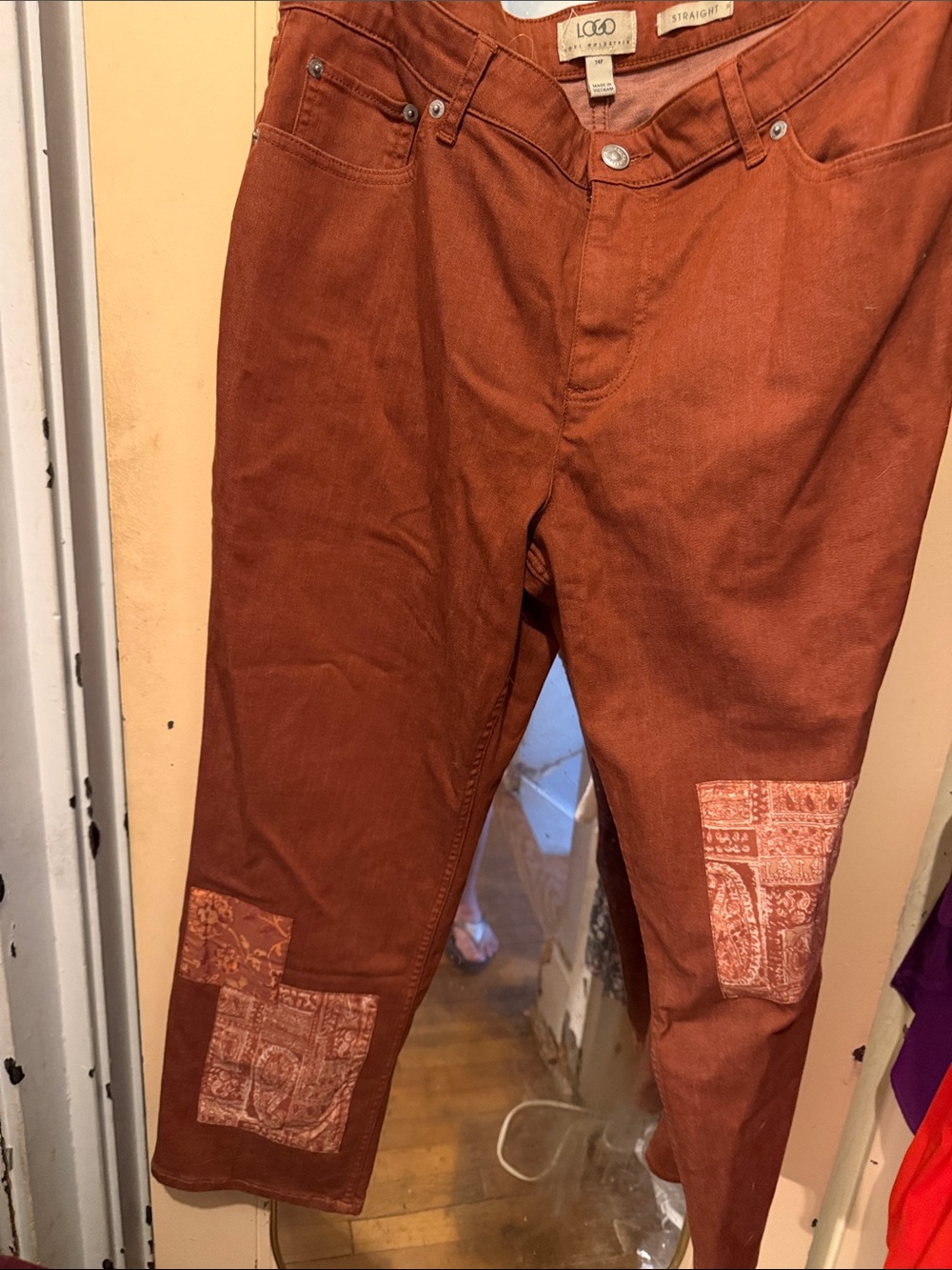 LOGO by Lori Goldstein Rust Corduroy Straight Pants with Patchwork
